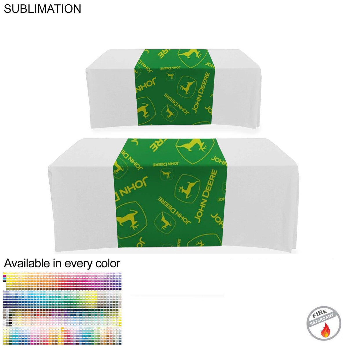 Sublimated table runner with a green and yellow design, displayed on a white table cover; available in every color and made with fire-retardant fabric.