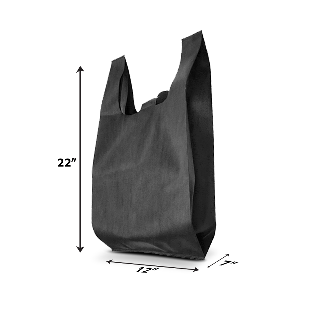 Plain black reusable T-shirt style tote bag with long handles, shown from a side angle.