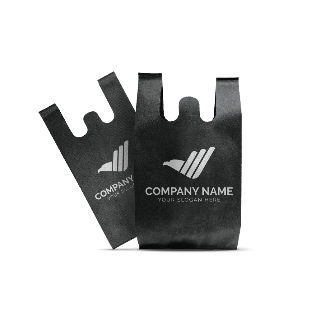 Black reusable T-shirt style tote bags with custom logo imprint area.