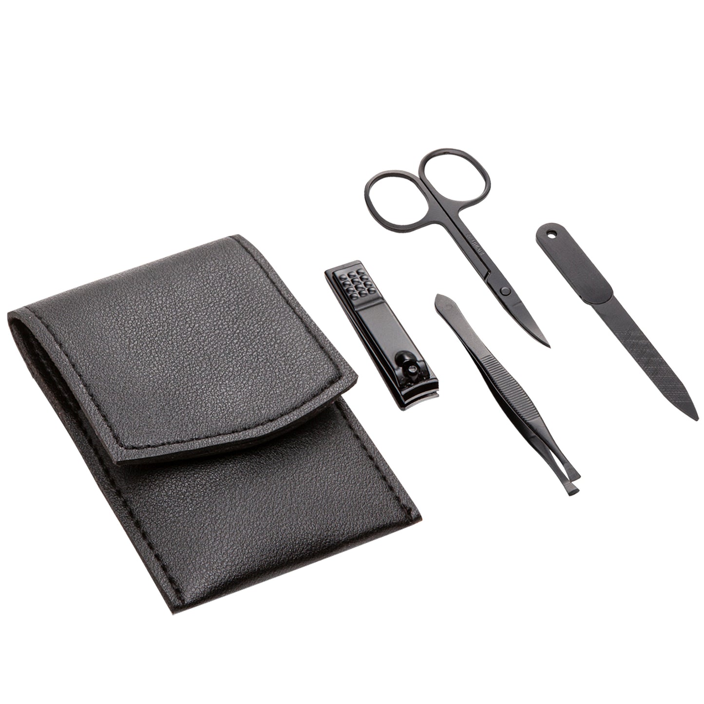 Black 4-piece personal care kit including scissors, nail clipper, tweezers, and nail file, with a branded black carrying case