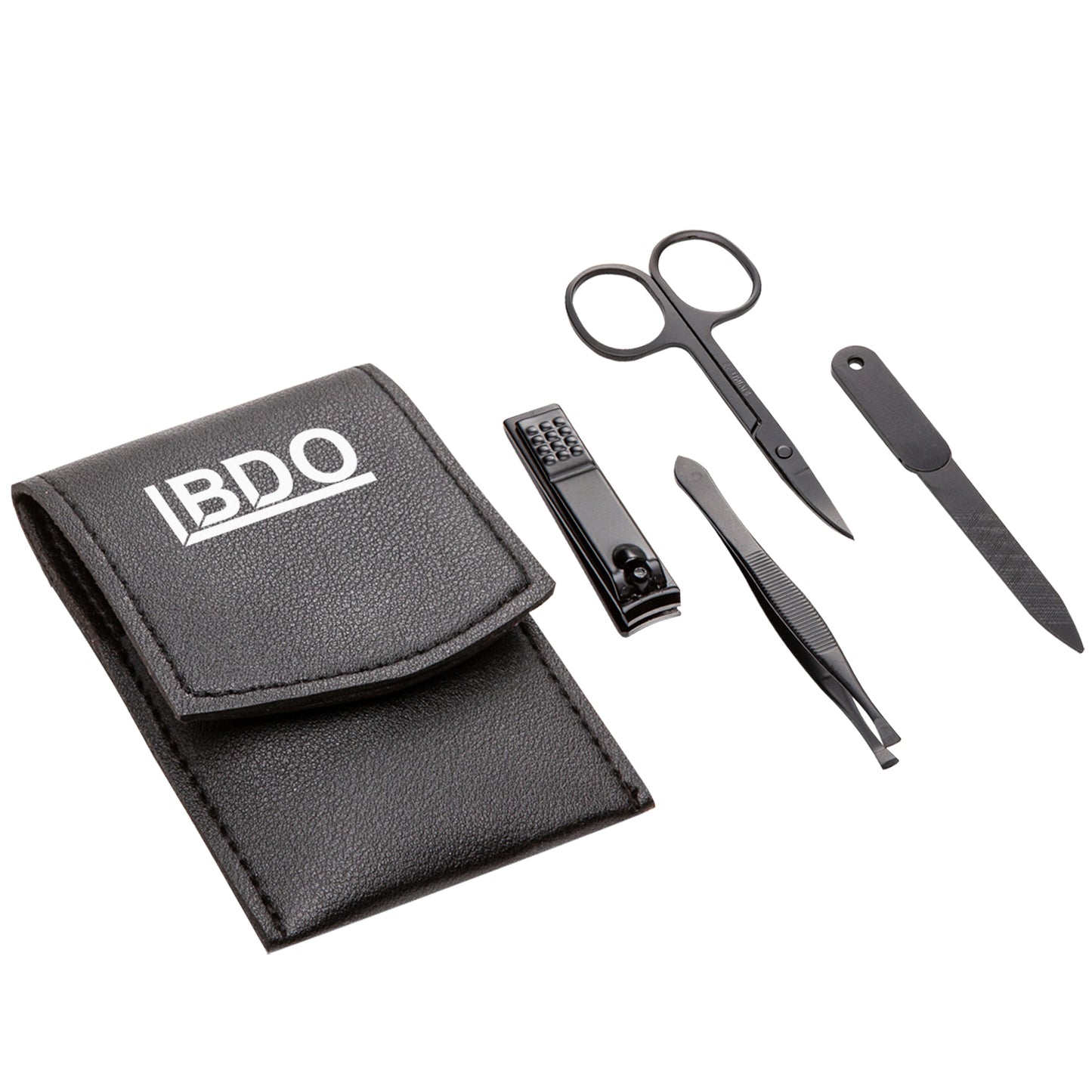 Black 4-piece personal care kit including scissors, nail clipper, tweezers, and nail file, with a branded black carrying case