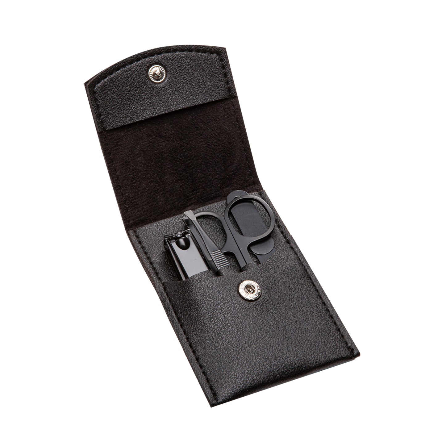 Black leather manicure kit opened to reveal neatly stored grooming tools, including nail clippers and scissors, inside a snap-button pouch.
