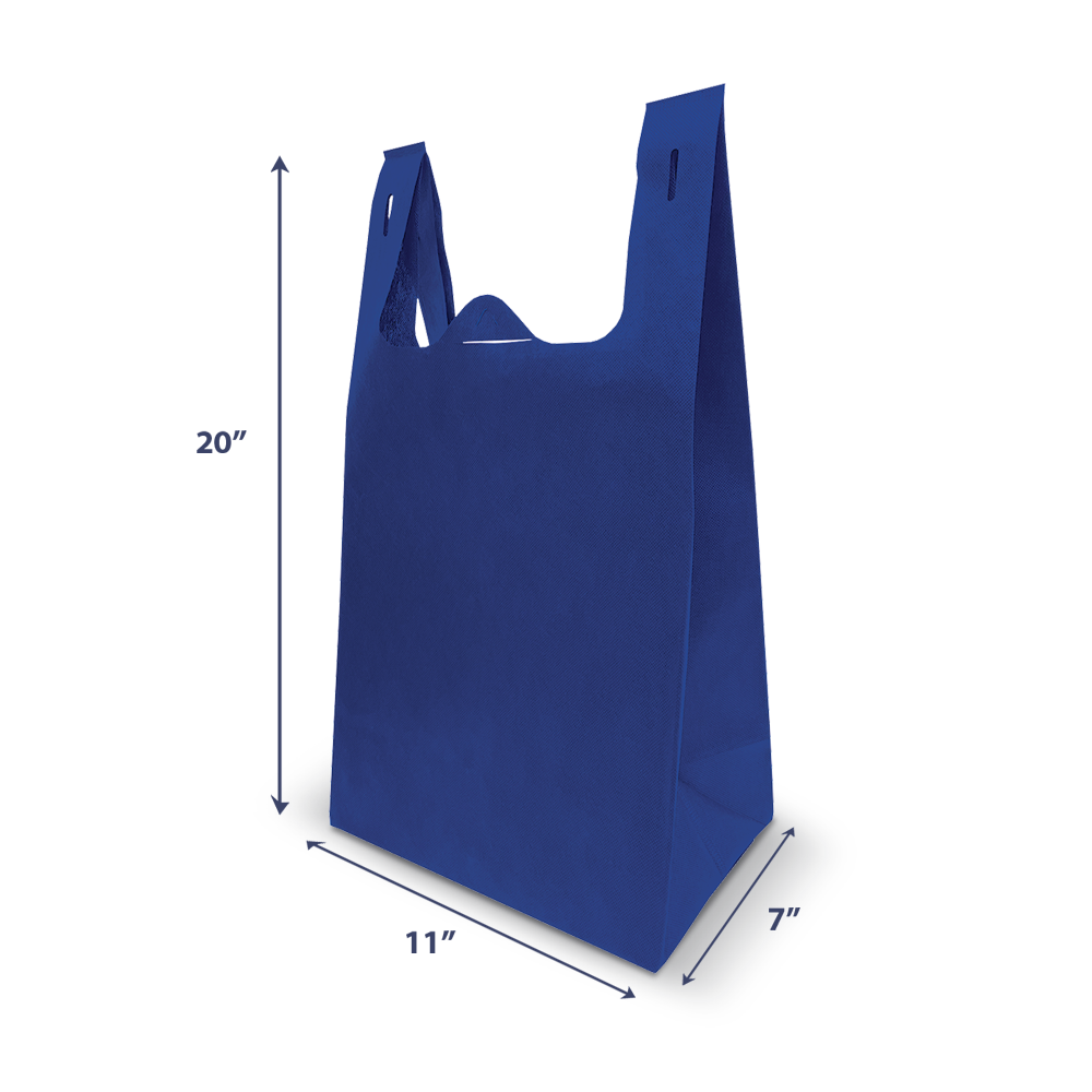 Blue reusable tote bag with die-cut handles, measuring 20" height × 17" width × 7" depth