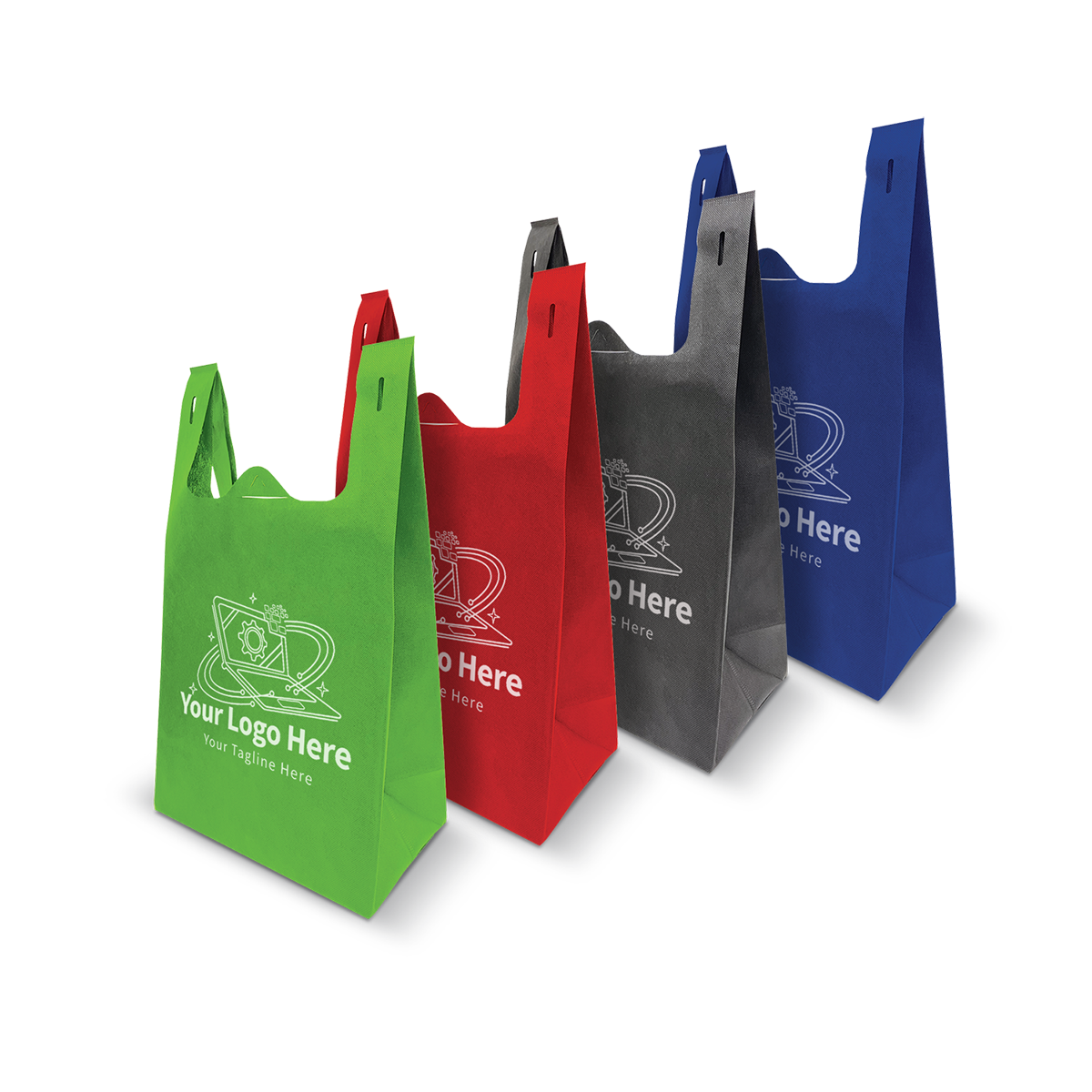 Colorful reusable tote bags in green, red, black, and blue with custom logo print