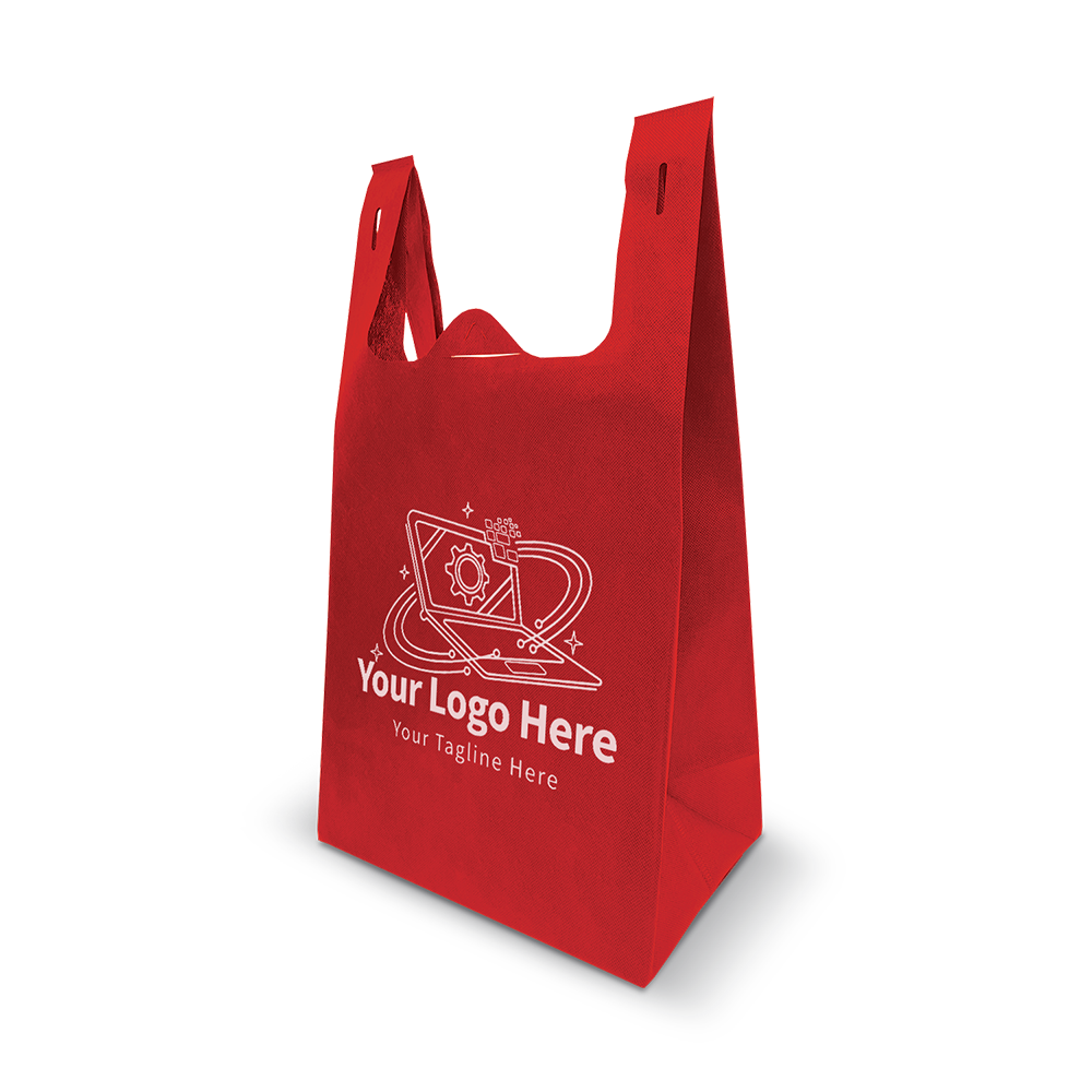 Red eco-friendly tote bag with side gusset and customizable logo