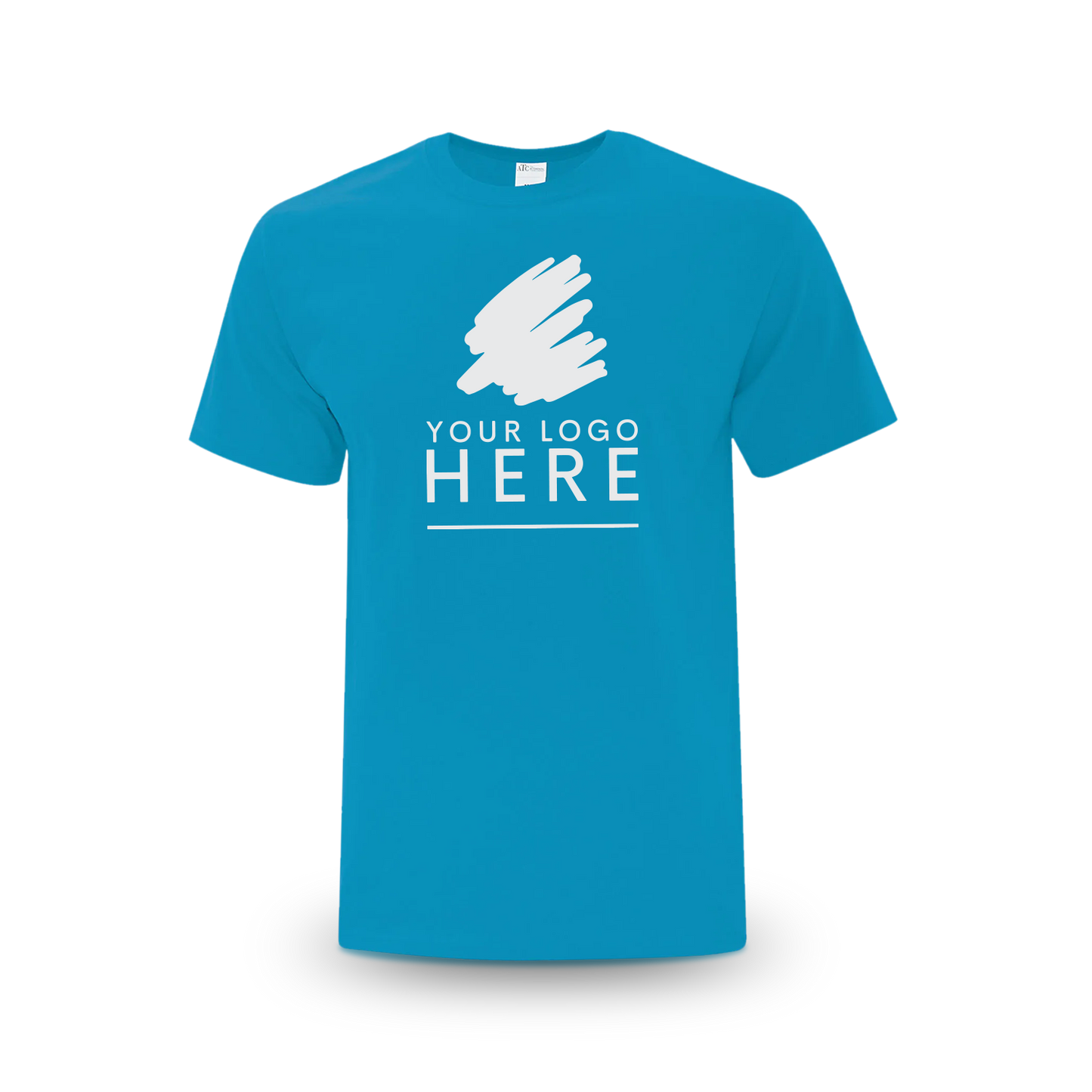 Neon blue unisex Everyday Cotton Tee with a logo placeholder.
