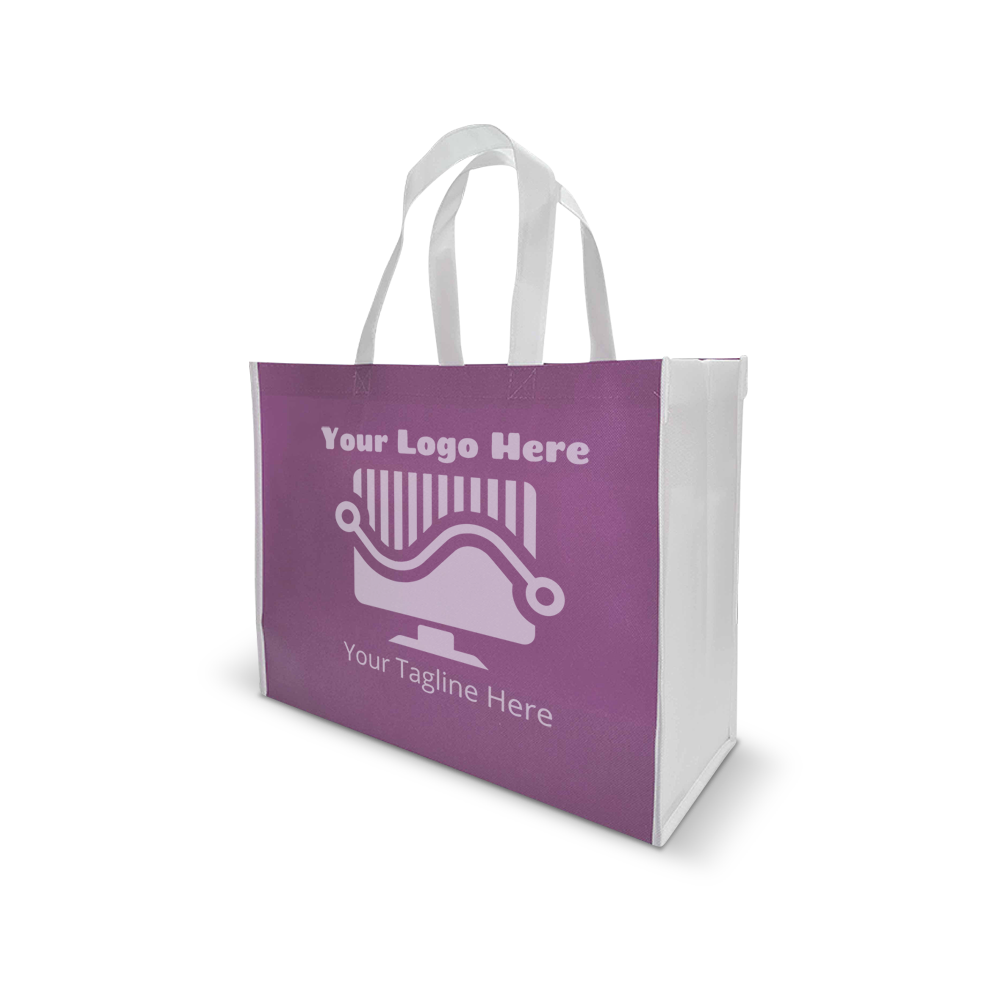 Purple and white reusable tote bag with custom logo space