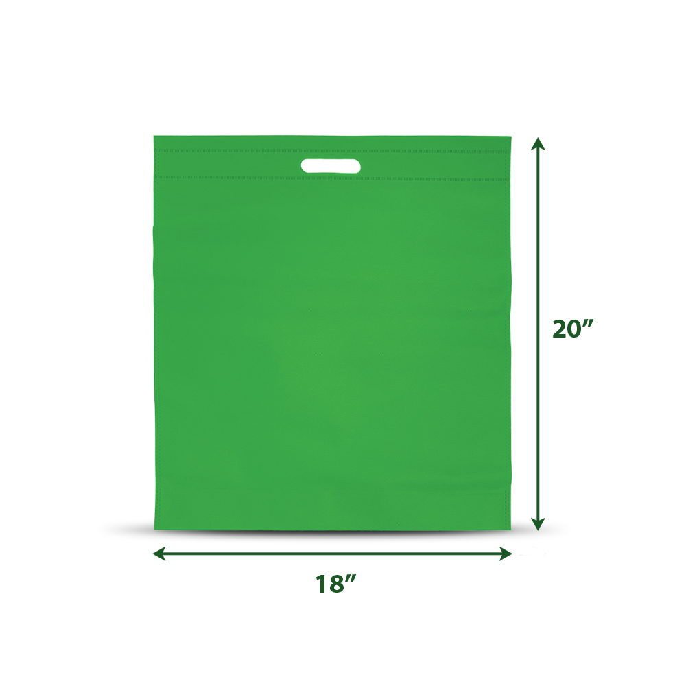 Green non-woven die-cut handle bag measuring 20" x 18"