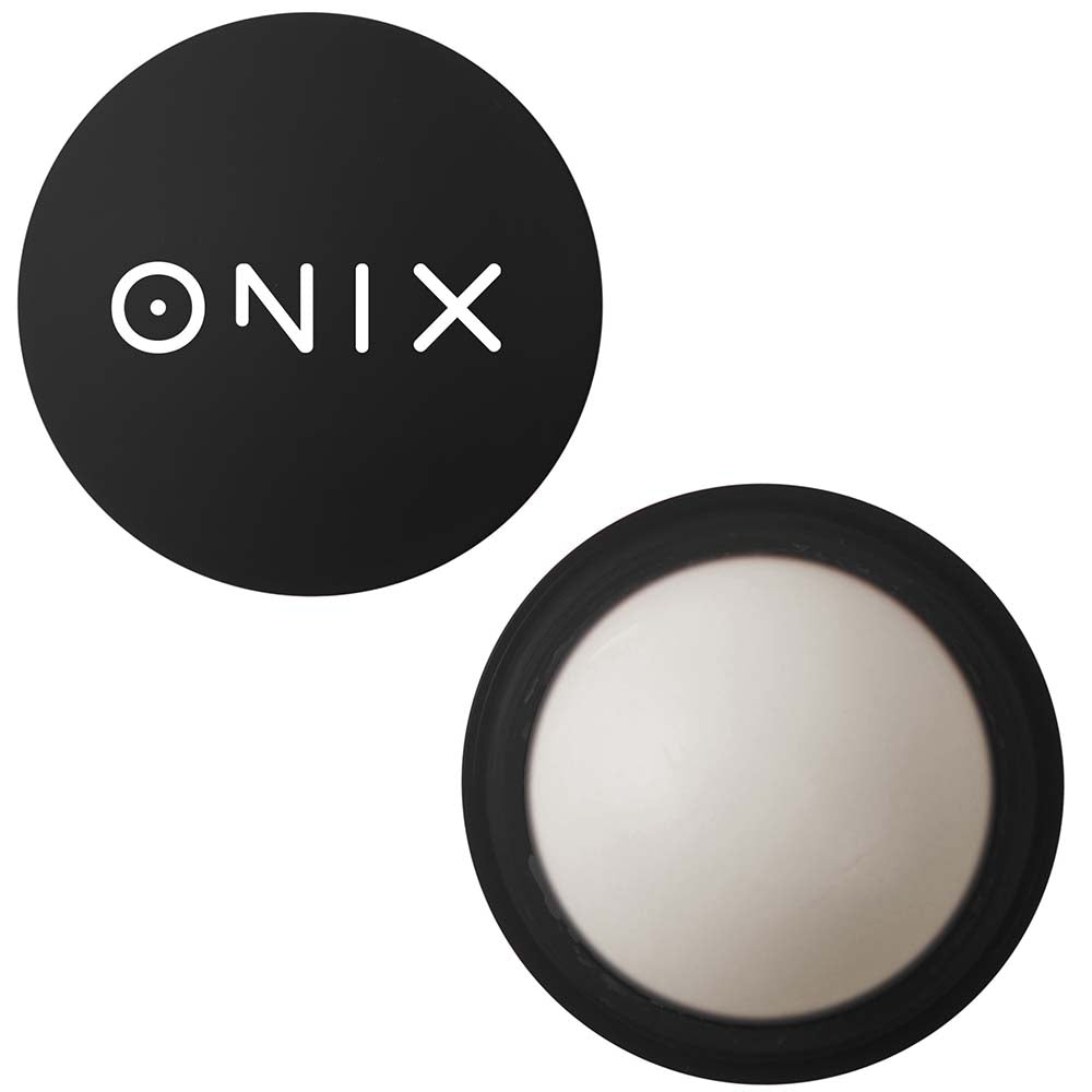 Black lip balm ball with ONIX logo, shown open and closed
