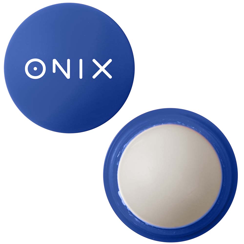 Blue lip balm ball with white ONIX logo, shown open and closed
