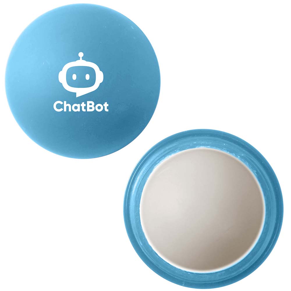 Blue lip balm ball with ChatBot logo, displayed open and closed.