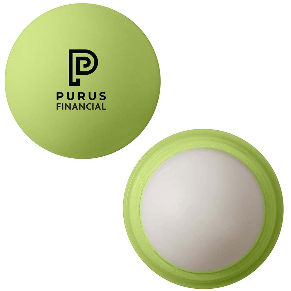 Light green lip balm ball with Purus Financial logo, shown with cap on and off.