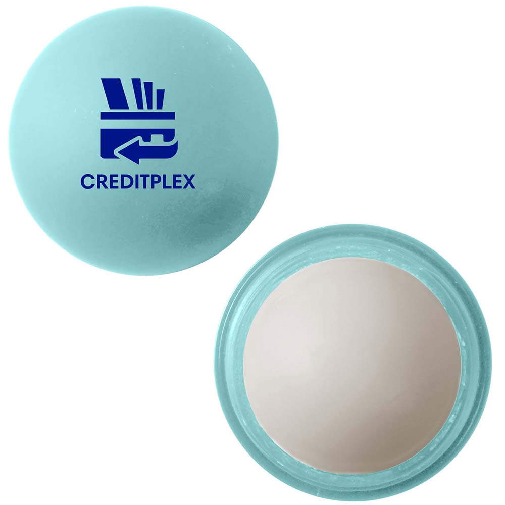 Light blue spherical lip balm with CREDITPLEX logo in dark blue, shown with cap removed.