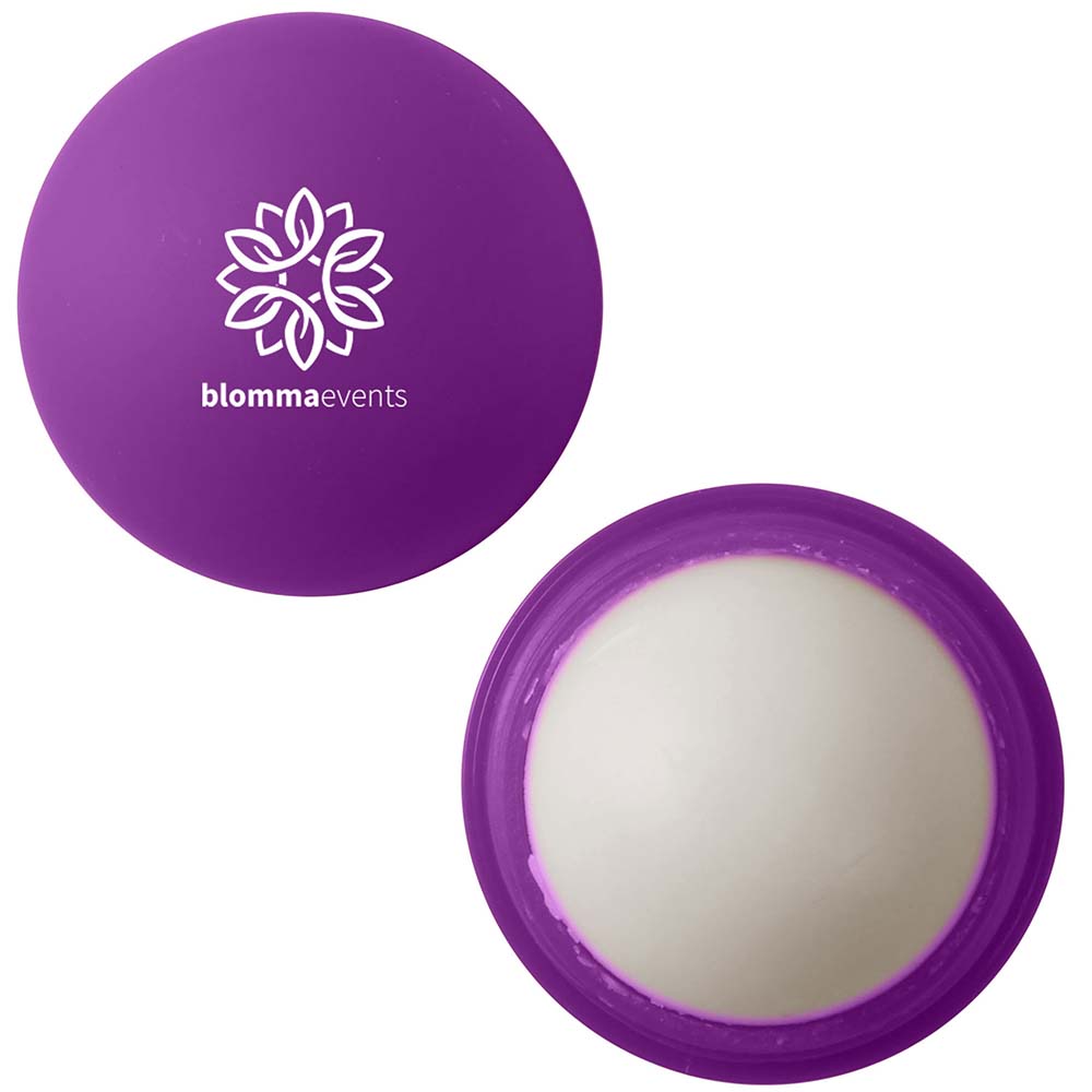 Purple lip balm with white floral logo and balm exposed