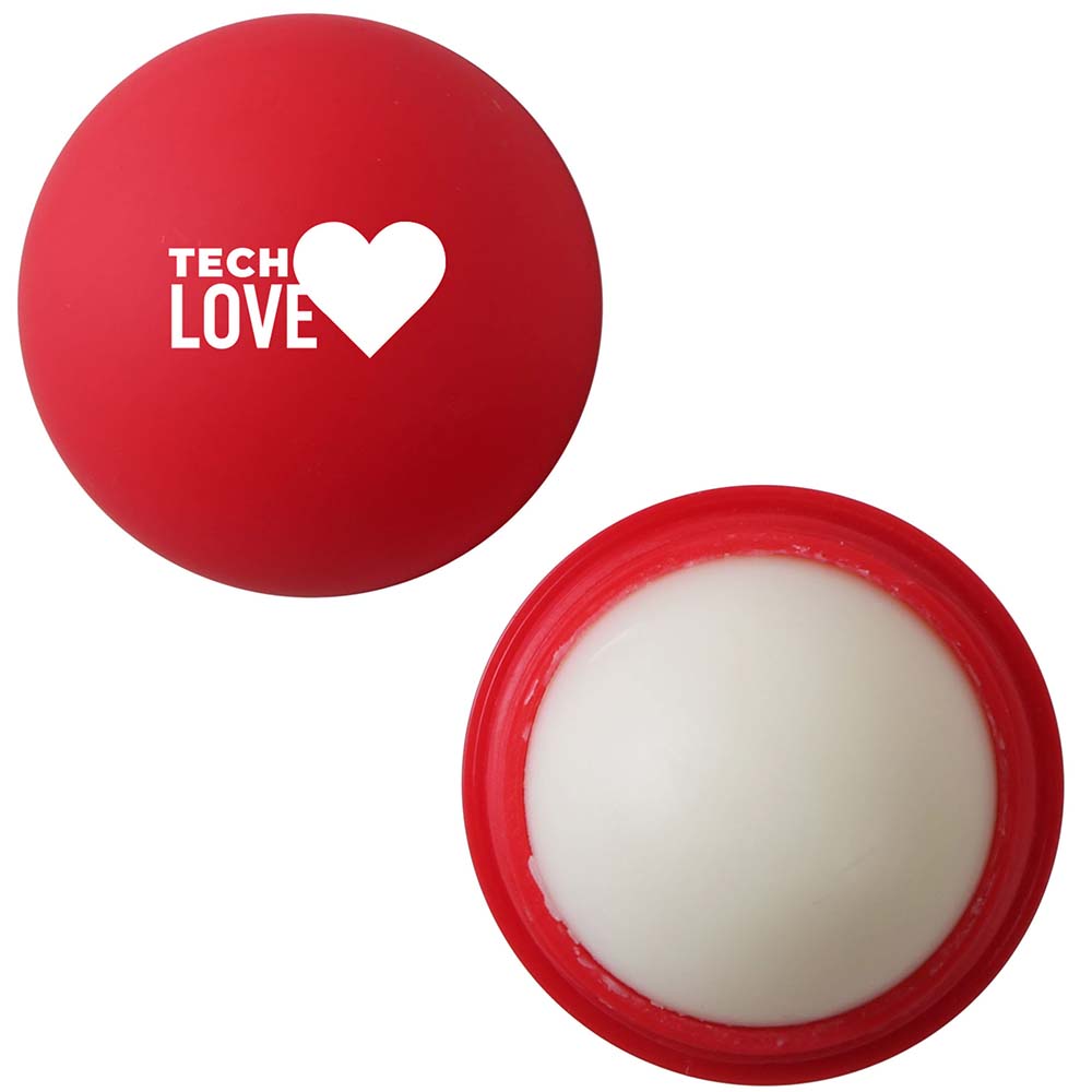 Red lip balm ball with white Tech Love logo, shown open and closed.