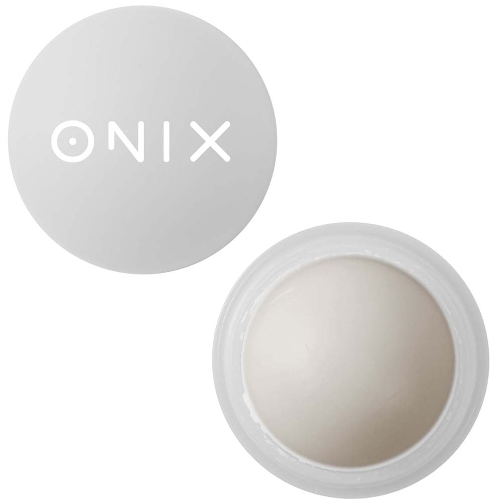 White lip balm ball with ONIX logo, shown open and closed