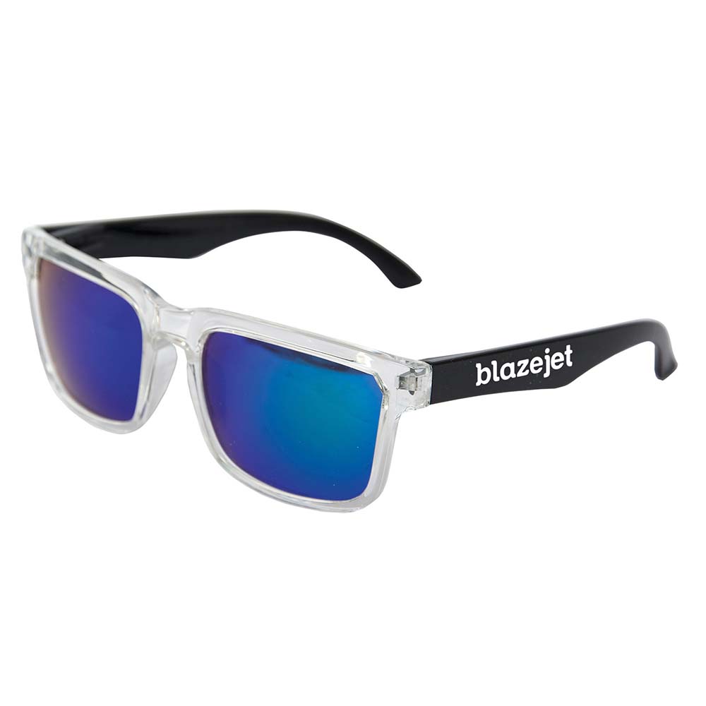 Pair of sunglasses with clear front frames, blue reflective lenses, and black arms featuring the customized white logo