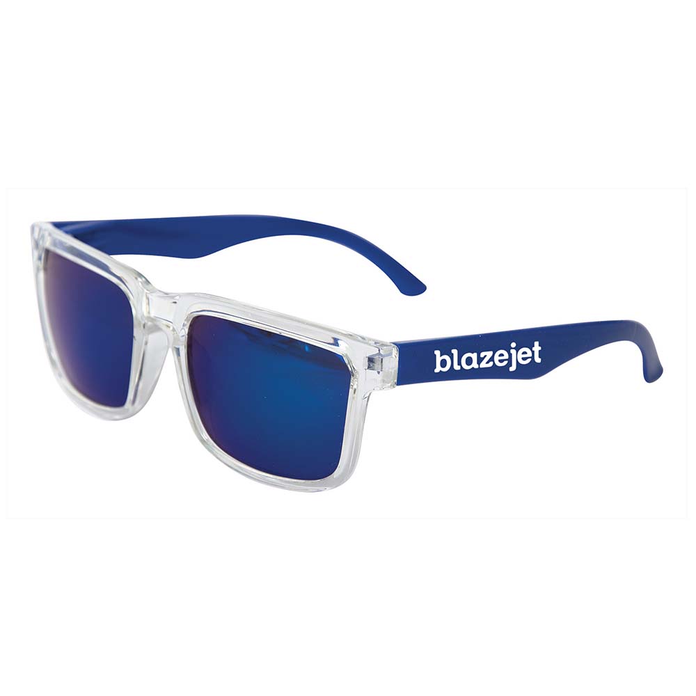 Clear-frame sunglasses with reflective blue lenses and sleek navy blue arms, customized with the logo in white.