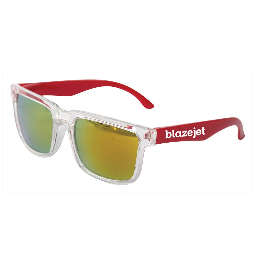 Clear-frame sunglasses with mirrored yellow lenses and bold red arms, customized with the logo in white