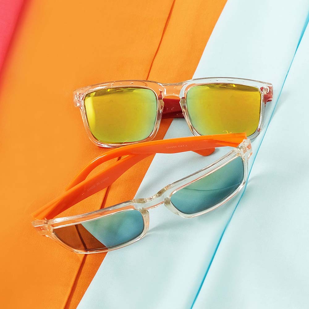 Two pairs of clear-frame sunglasses with mirrored lenses, featuring bold orange and red customized arms