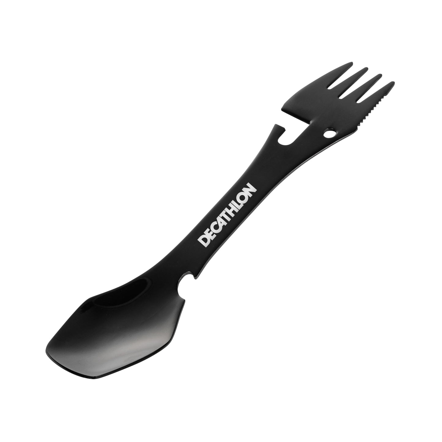 Black multifunctional spork with fork, spoon, and serrated edge, featuring a bottle opener and the custom logo in white on the handle.