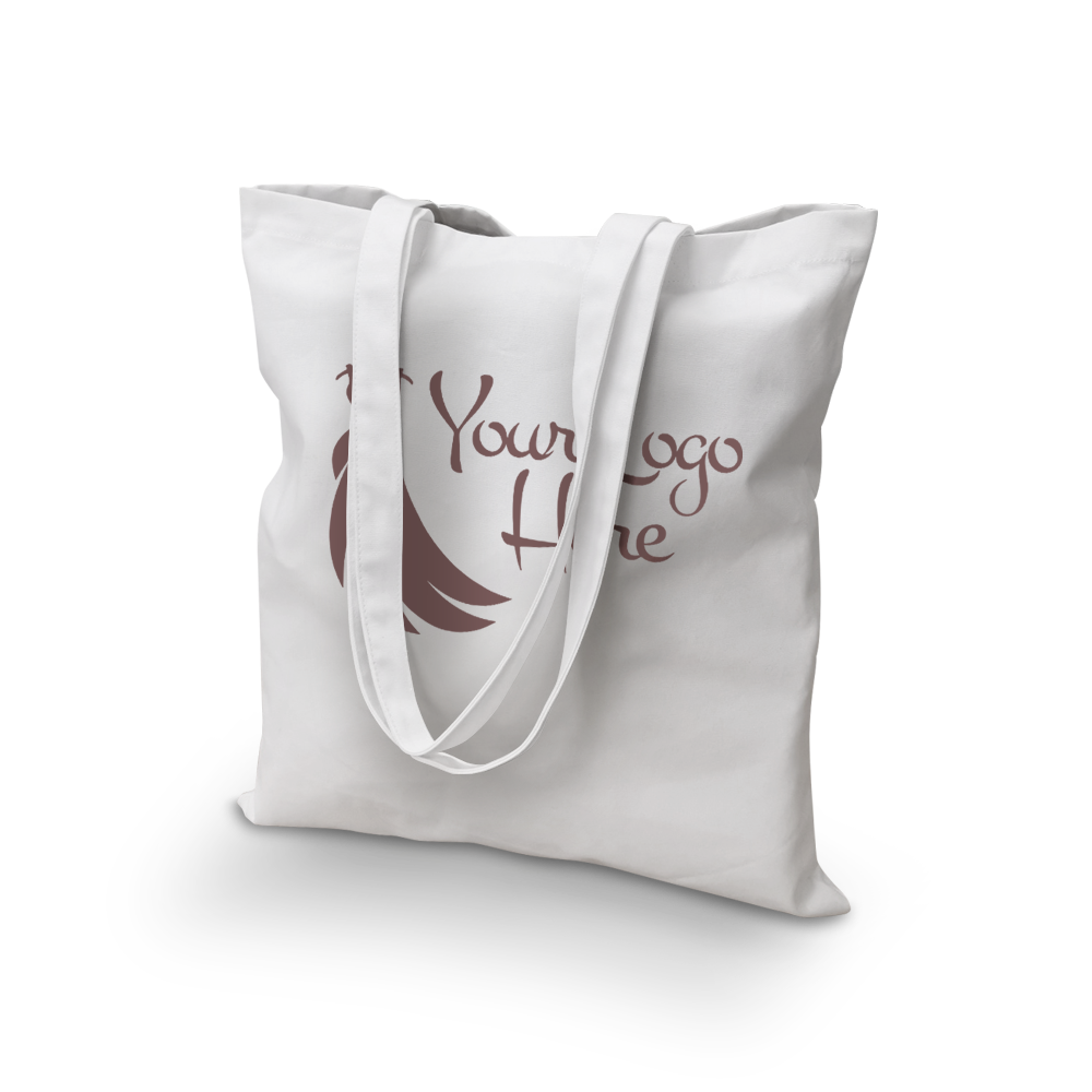 White 8oz cotton canvas tote bag with long handles and custom logo, 15”W x 16”H.