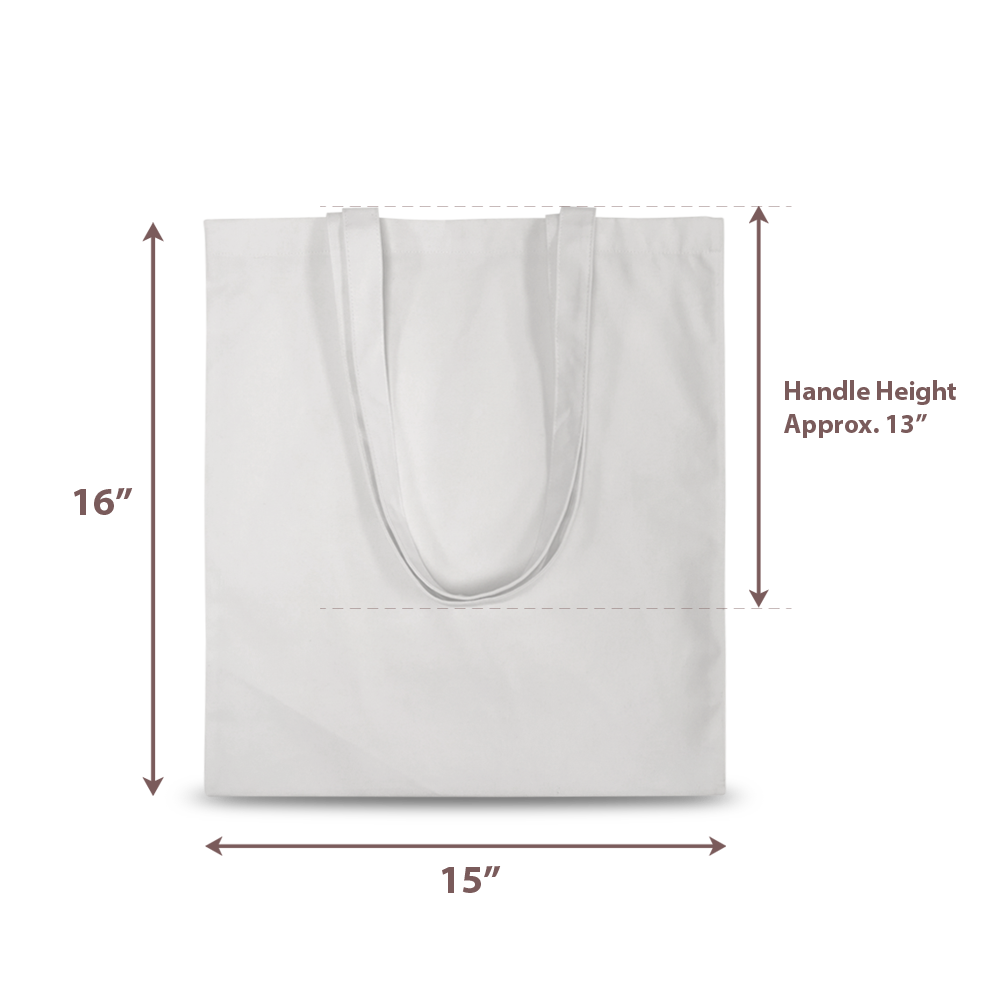 White canvas tote bag, 15”W x 16”H with approximately 13” handle height.