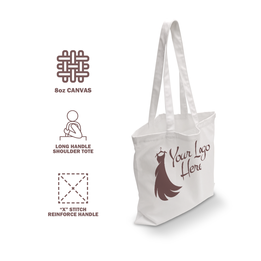White 8oz canvas tote bag with long handles, X-stitched reinforcement, and dress logo design