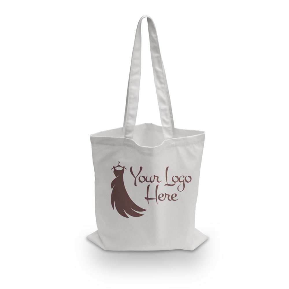 White canvas tote bag with long handles and custom dress logo design.