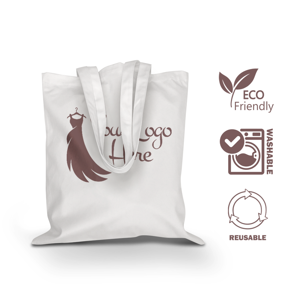 White canvas tote bag with dress logo design, labeled eco-friendly, washable, and reusable.