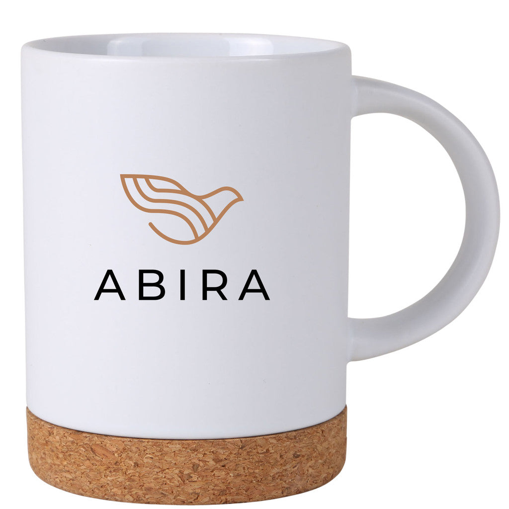 White ceramic mug with a cork base, featuring a custom logo