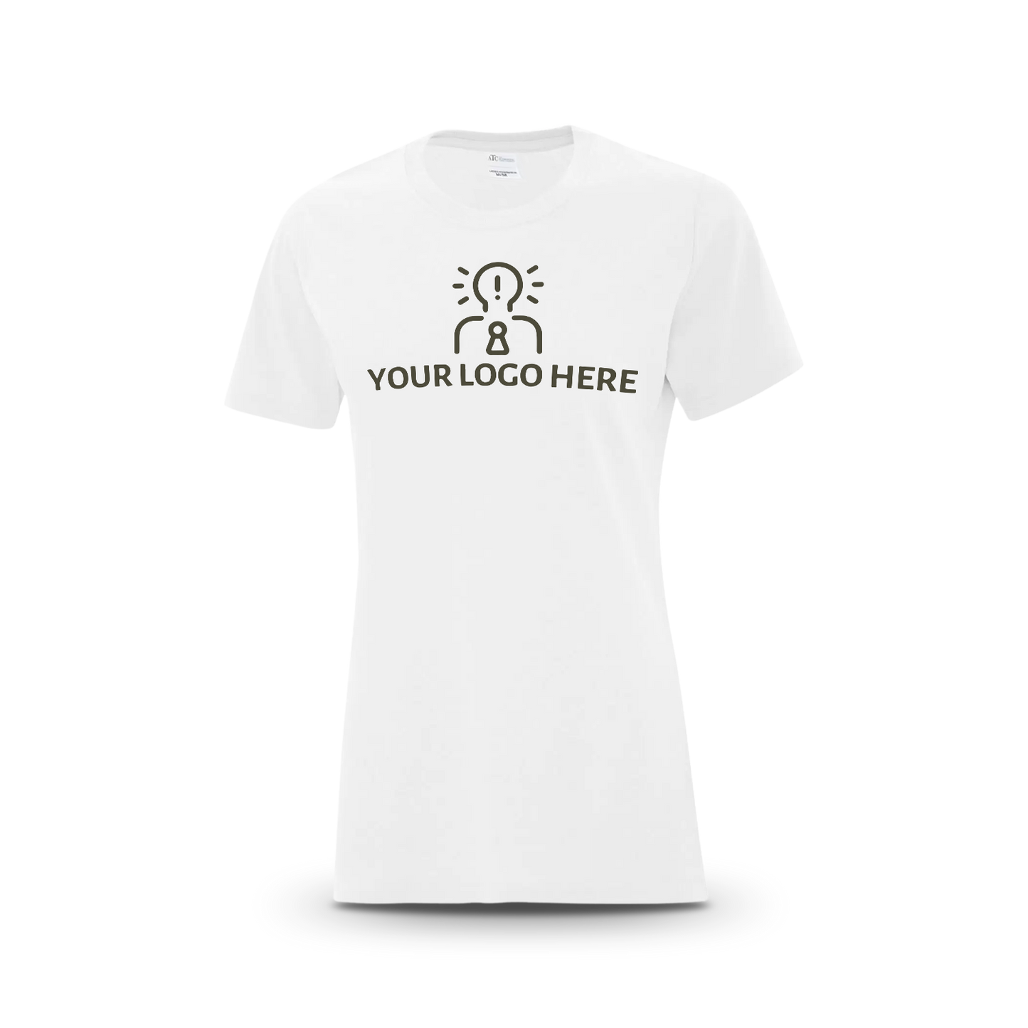 White women’s T-shirt featuring a magenta placeholder logo