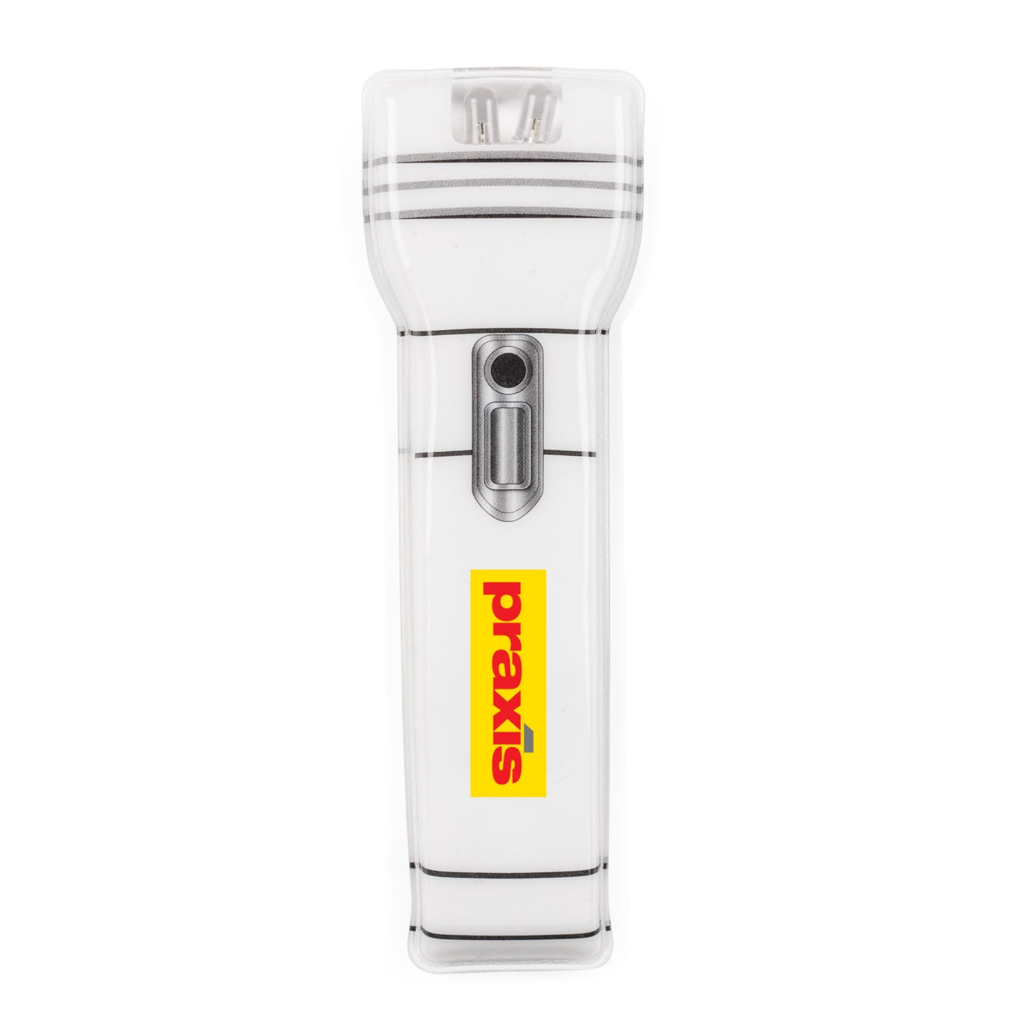 Dalston Magnetic LED Flashlight in matte white with silver power button, featuring a customized logo printed in yellow and red on the handle