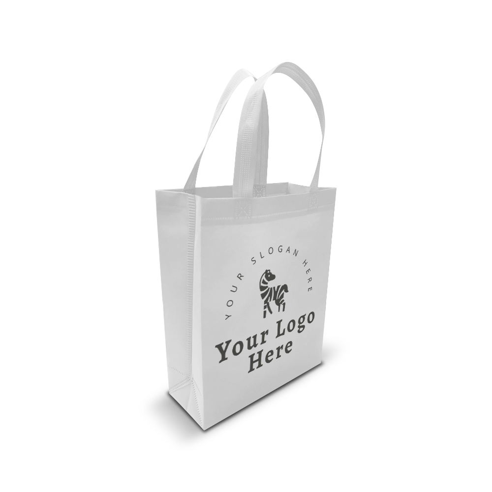 White reusable tote bag with custom zebra logo and slogan design.