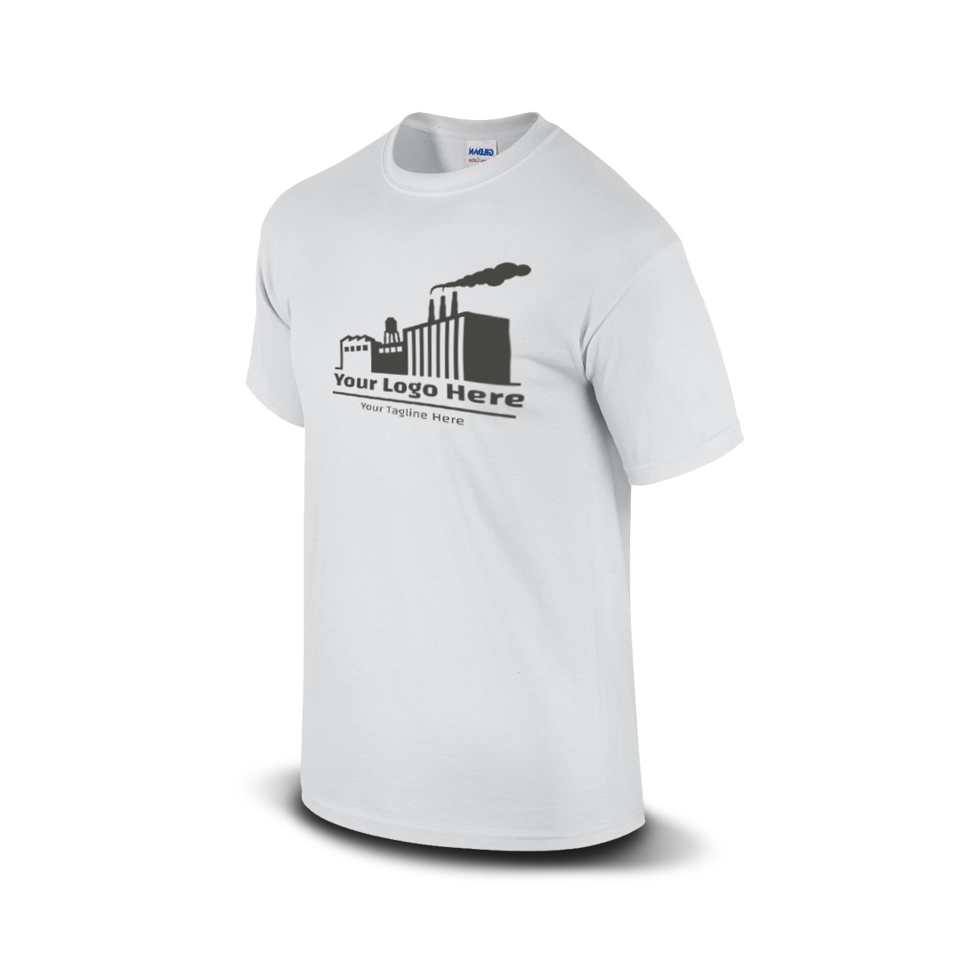 White short-sleeve t-shirt with a white industrial factory logo and customizable tagline.