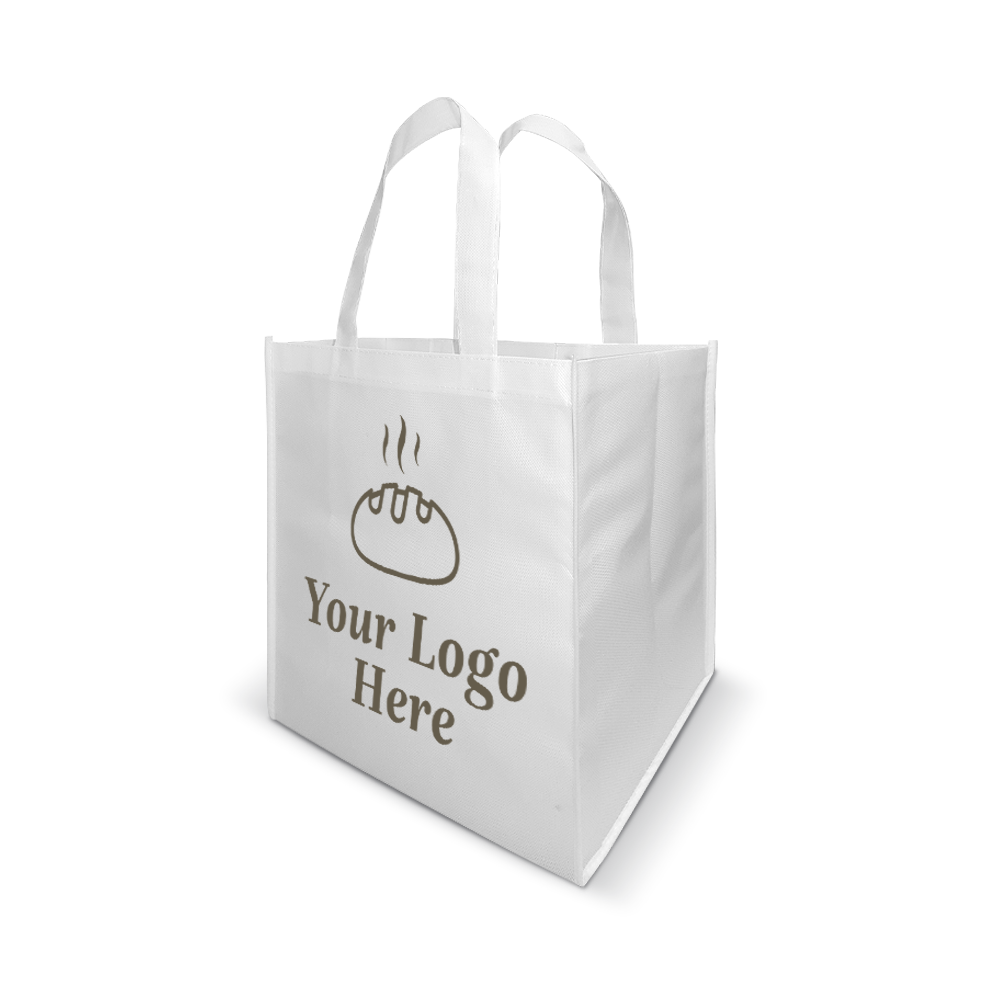 White reusable tote bag with custom bakery-themed logo