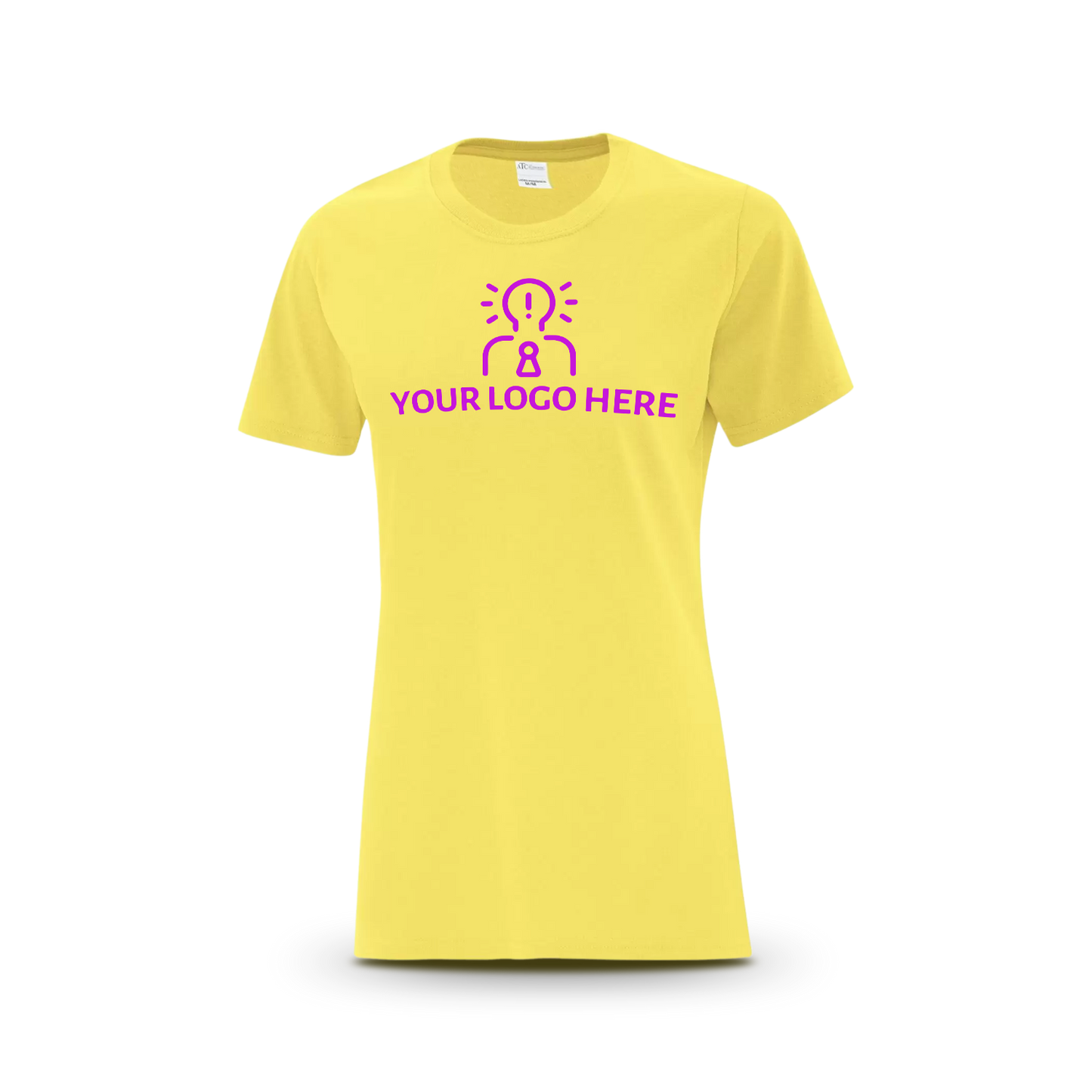 Yellow women’s T-shirt featuring a magenta placeholder logo
