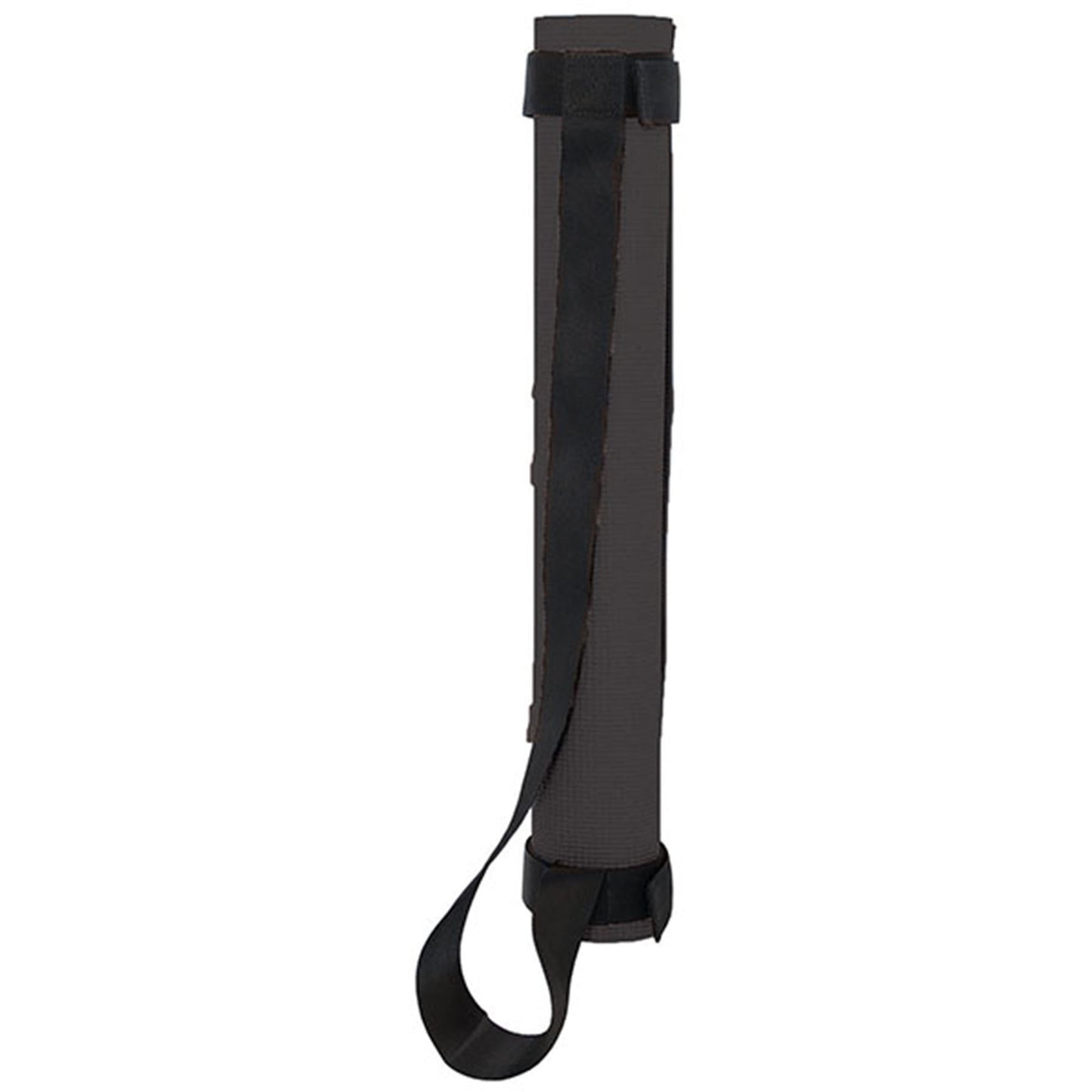 Rolled-up black yoga mat with a black carrying strap secured by hook-and-loop fasteners