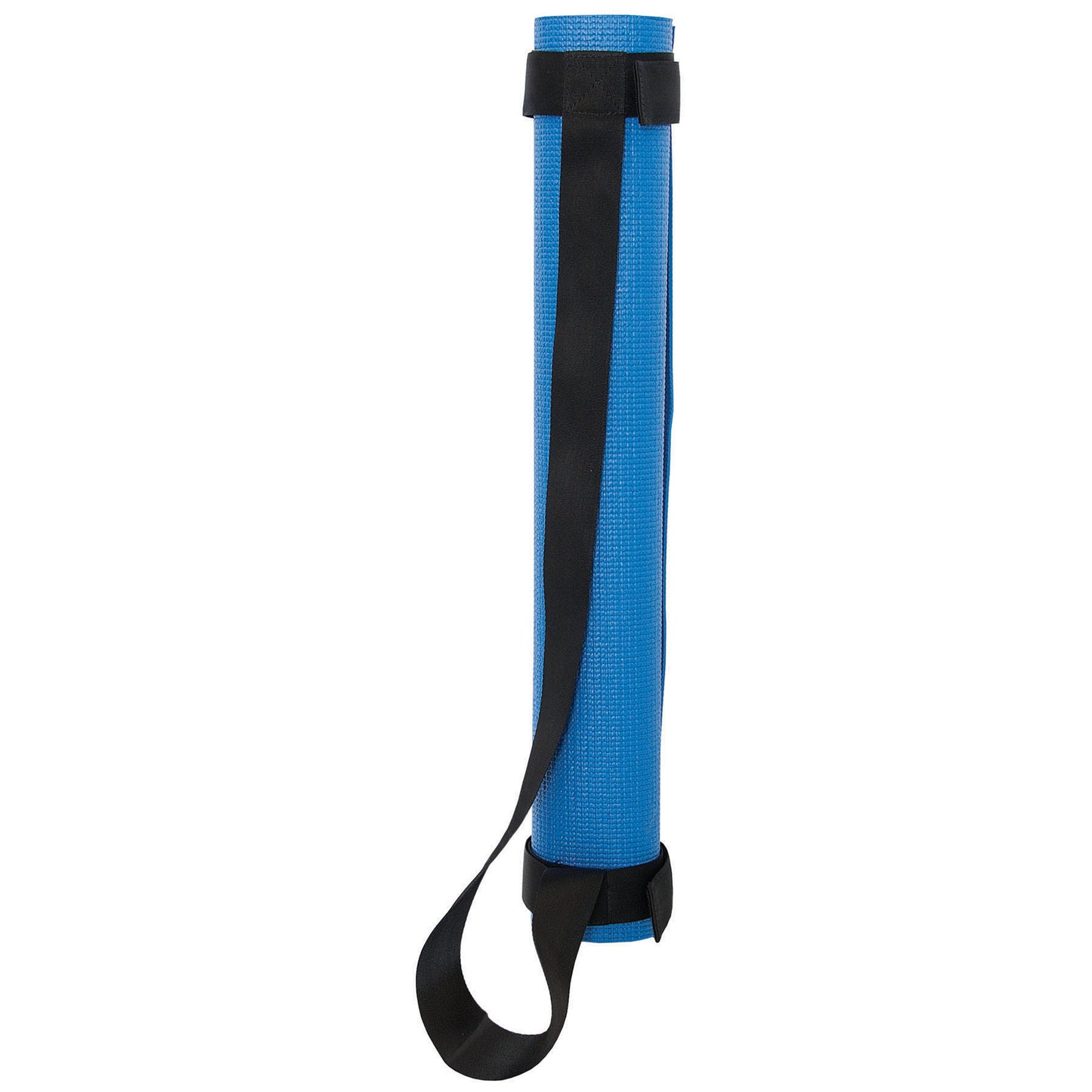 Rolled-up blue yoga mat with a black carrying strap secured by hook-and-loop fasteners