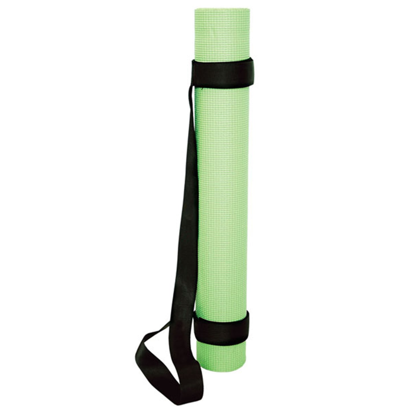 Rolled-up green yoga mat with a black carrying strap secured by hook-and-loop fasteners