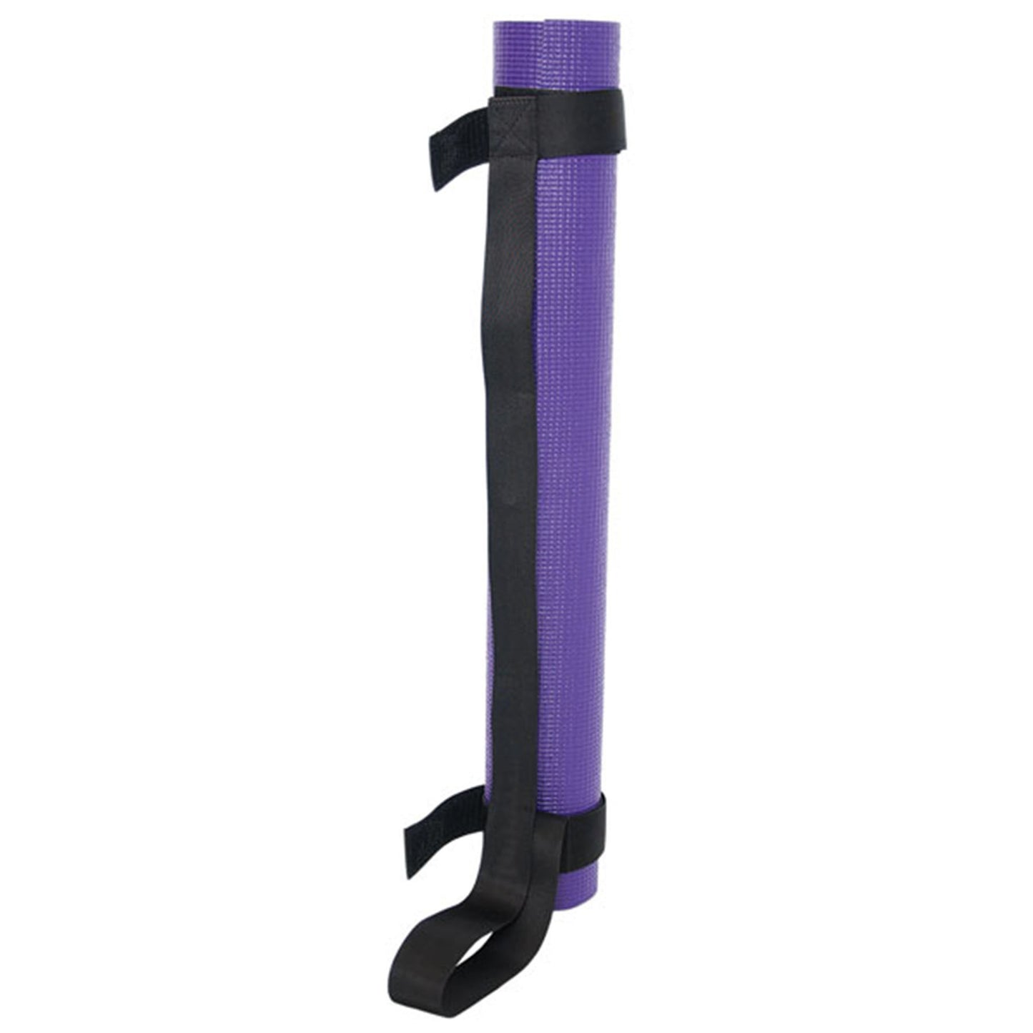 Rolled-up purple yoga mat with a black carrying strap secured by hook-and-loop fasteners