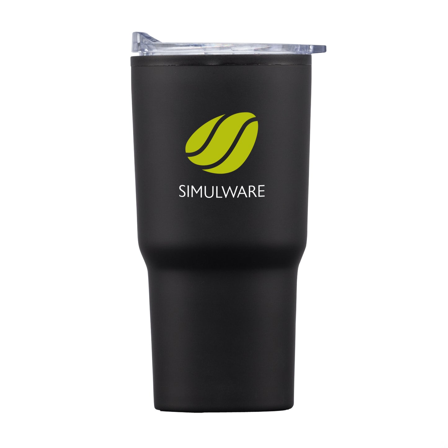 Matte black travel tumbler with clear lid and green Simulware logo.