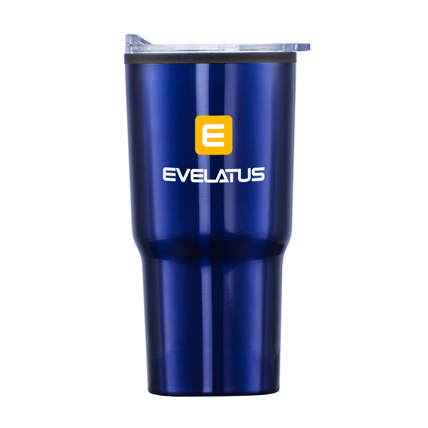 Metallic blue travel tumbler with clear lid and white Evelatus logo beneath a yellow emblem.