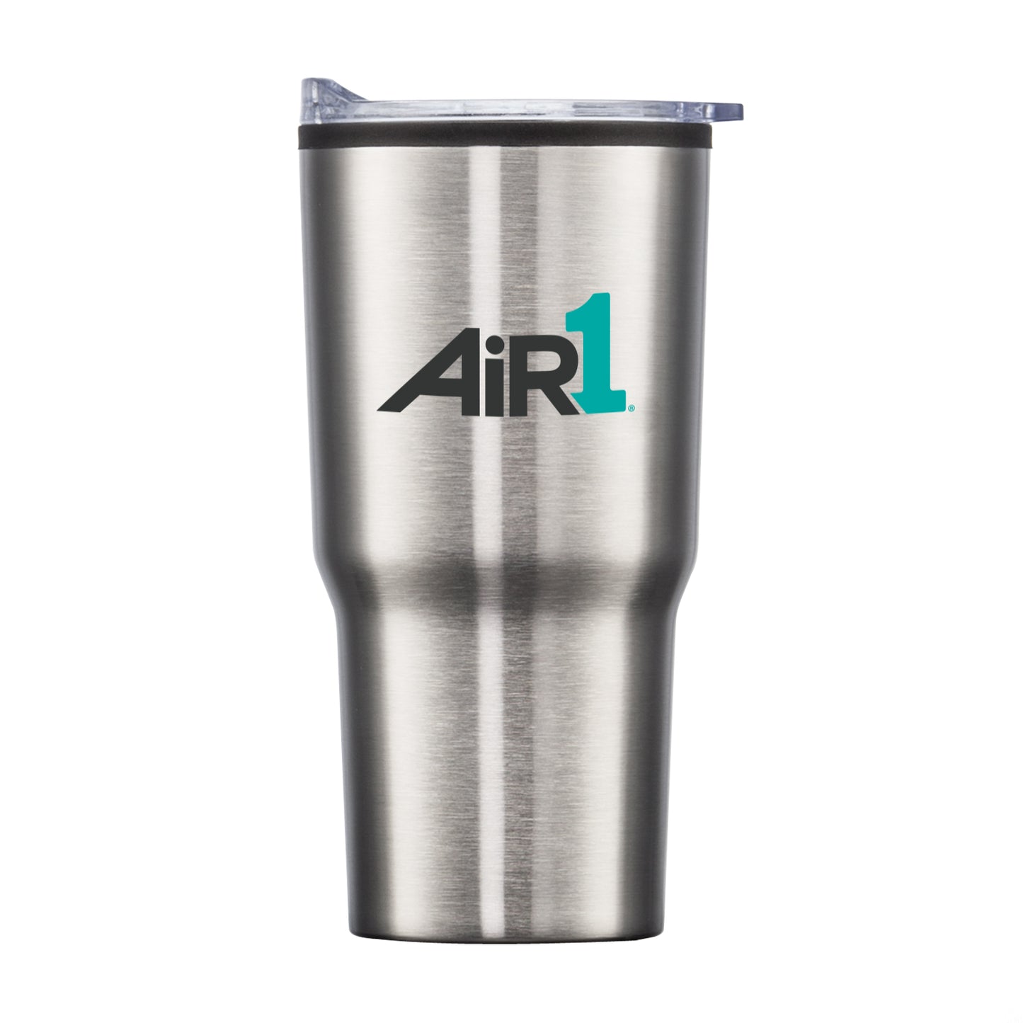 Stainless steel travel tumbler with clear lid and black-and-teal Air1 logo.