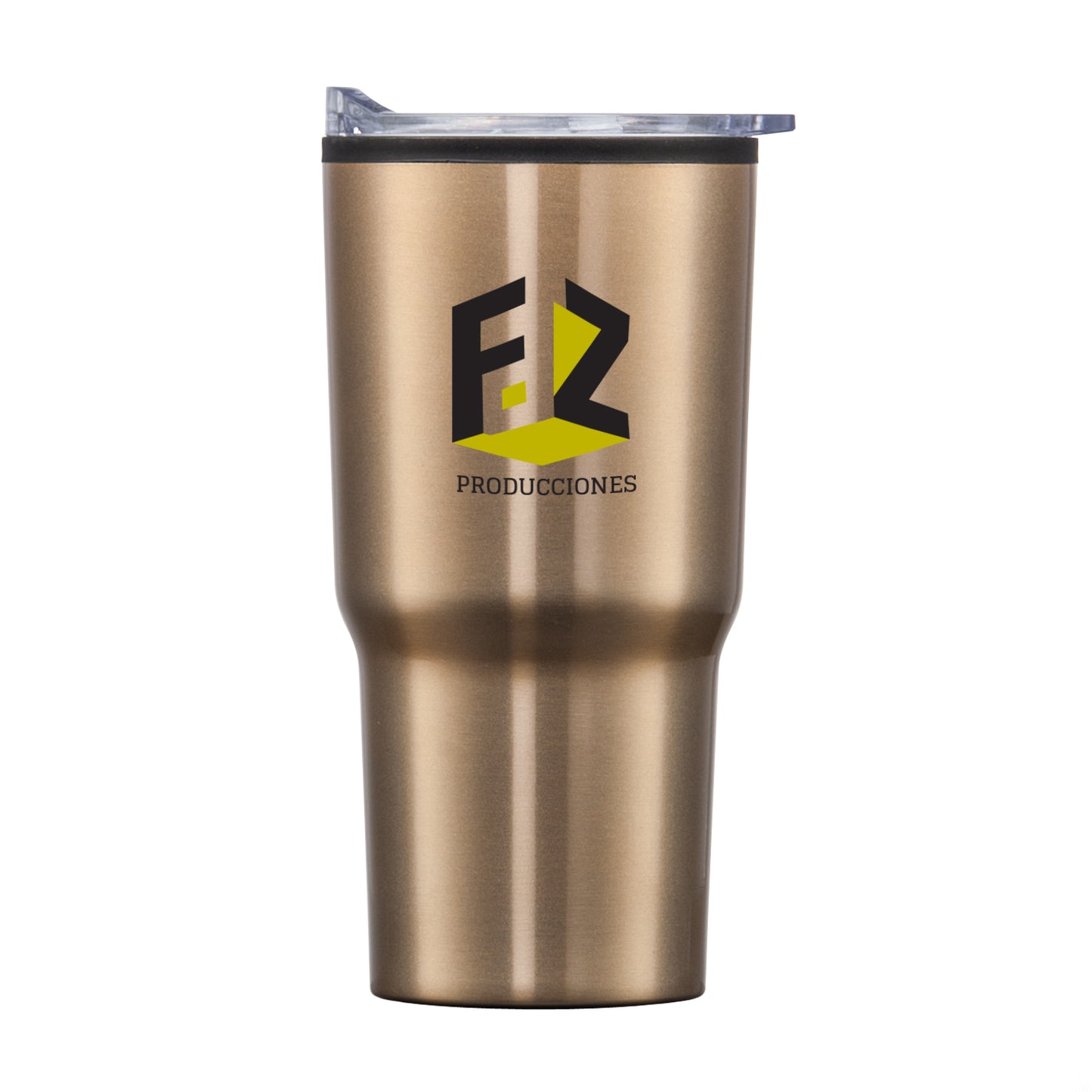 Metallic bronze travel tumbler with clear lid and black-yellow FZ Producciones logo.