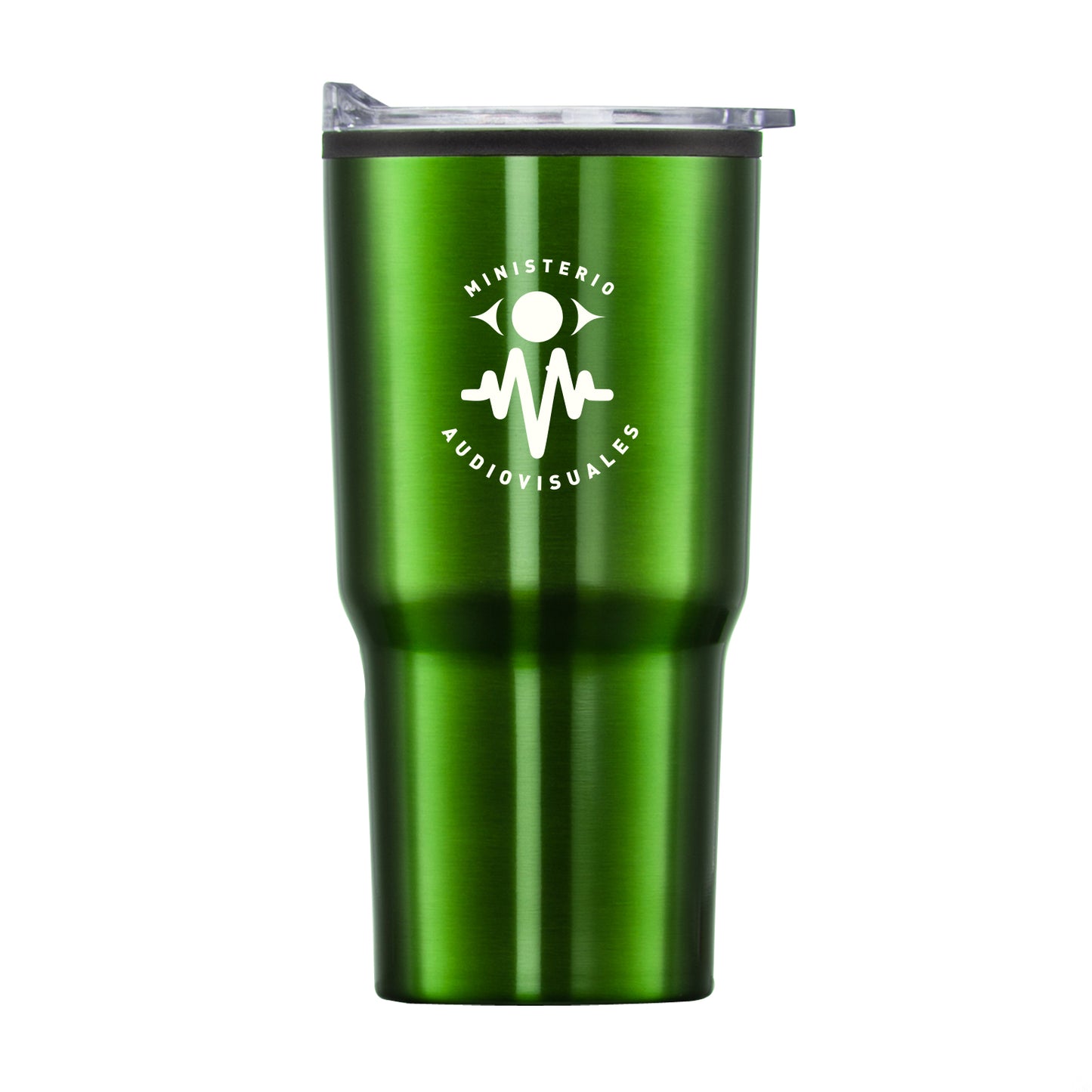 Metallic green travel tumbler with clear lid and white Ministerio Audiovisuales logo.