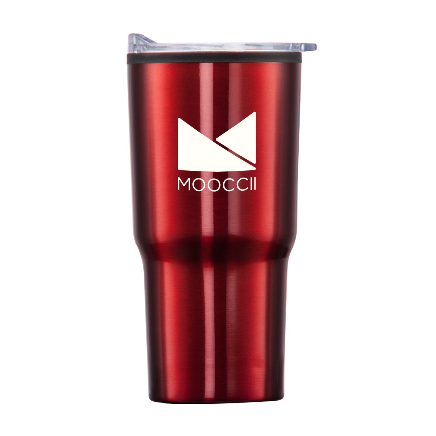 Metallic red travel tumbler with clear lid and white MOOCCII logo.