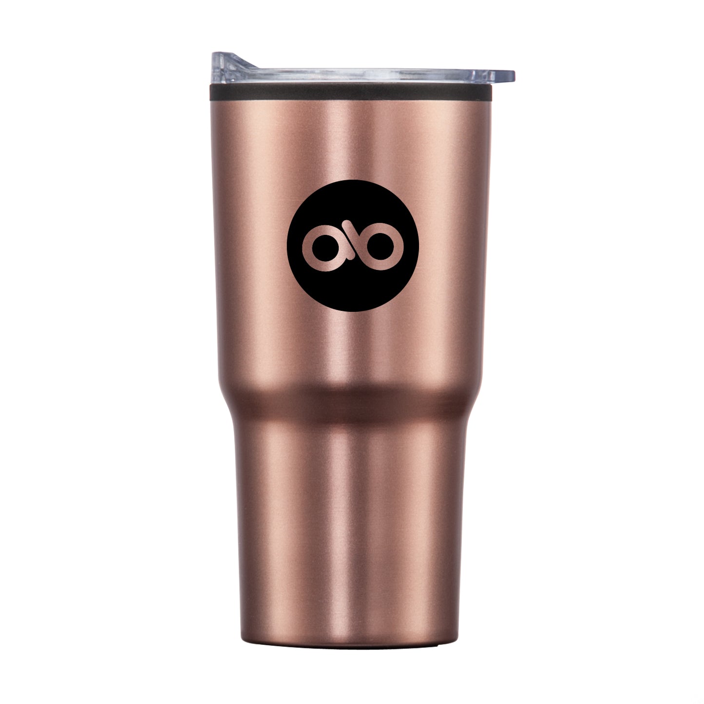 Rose gold travel tumbler with clear lid and black circular logo.