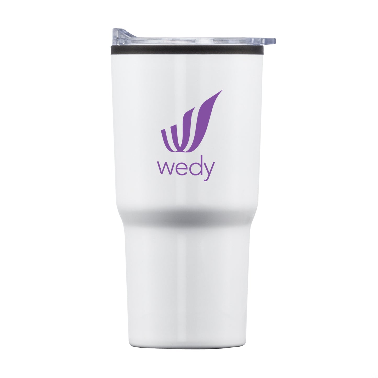 White travel tumbler with clear lid and purple Wedy logo.