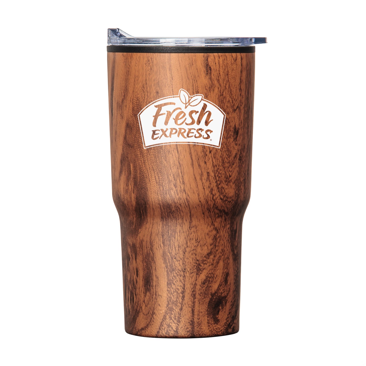 Wood grain travel tumbler with clear lid and white Fresh Express logo.